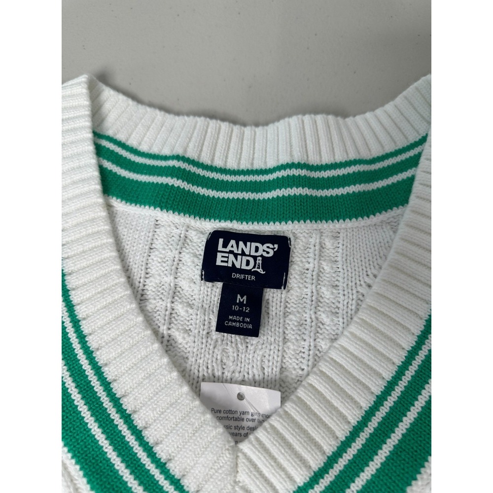 New Lands End Cricket Sweater Size M White Green Cable Knit V Neck Preppy - Picture 3 of 8